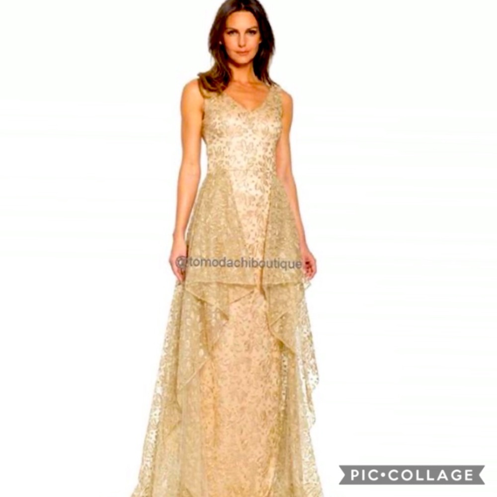 David Meister limited V-Neck sleeveless gold long gown - Picture 1 of 8